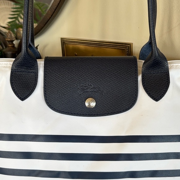 Longchamp Le Pliage Mariniere Zippered Shoulder Tote Blue White Nautical Stripes - Picture 5 of 16